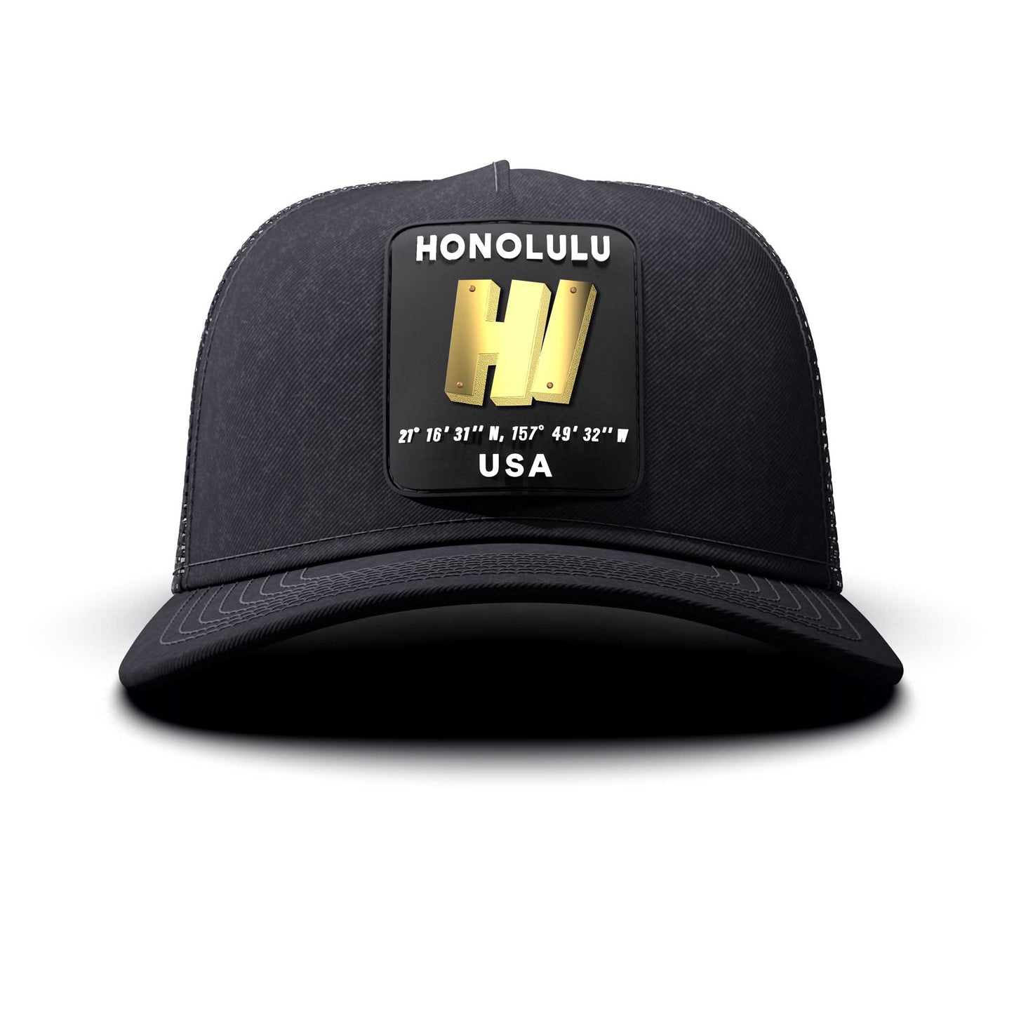 Honolulu, HI - Black Patch, Trucker Cap, curved