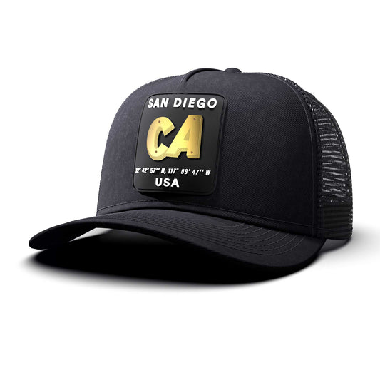 San Diego, CA - Black Patch, Trucker Cap, curved